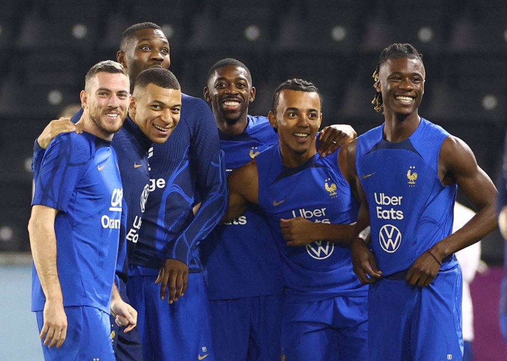 France’s Kylian Mbappe, Ousmane Dembele, Eduardo Camavinga, Jules Kounde, Marcus Thuram and Jordan Veretout during training at the Al Sadd SC Stadium in Doha, Qatar, December 16, 2022. — Reuters pic