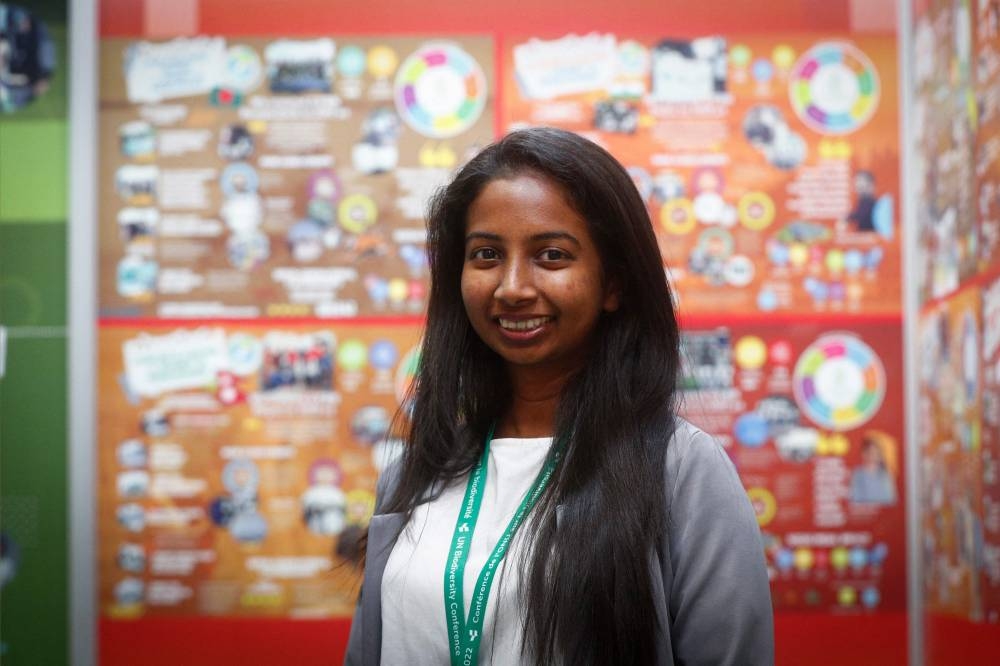 Eshadi Mendis from Sri Lanka, who is part of the Global Youth Biodiversity Network, during the United Nations Conference of the Parties (COP15) in Montreal, Quebec, on December 15, 2022. — AFP pic