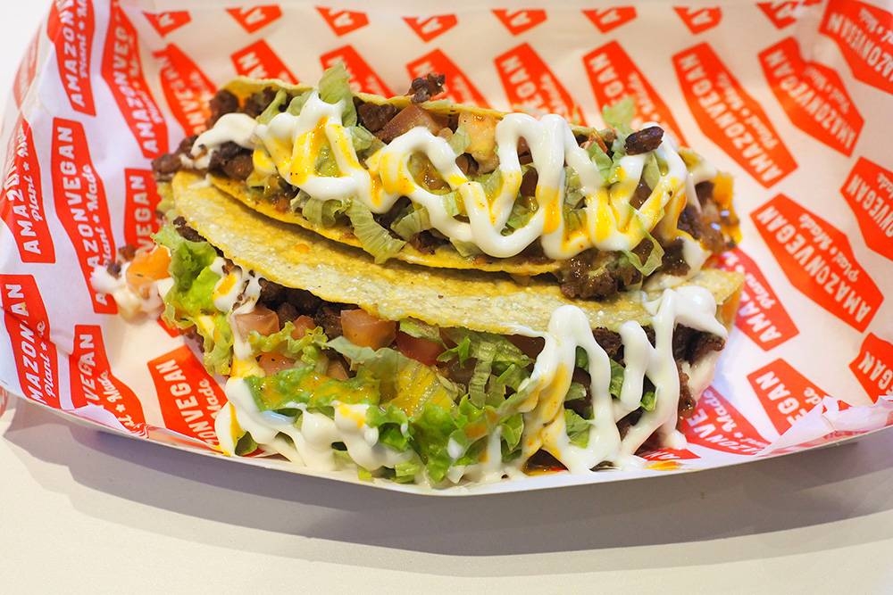 There are delicious tacos which are well stuffed with minced 'protein', guacamole, vegan 'cheese' and drizzled with vegan mayo.
