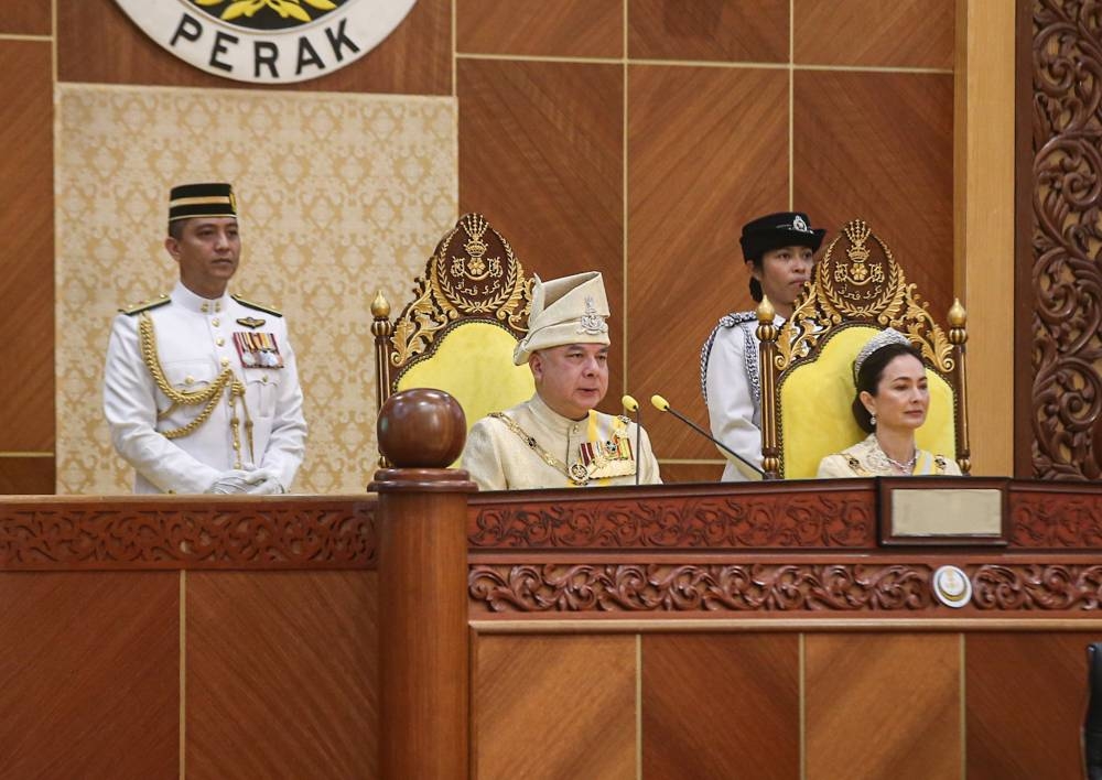 Sultan Nazrin Shah officiates the opening of the 15th Perak state assembly in Ipoh December 20, 2022. — Picture by Farhan Najib