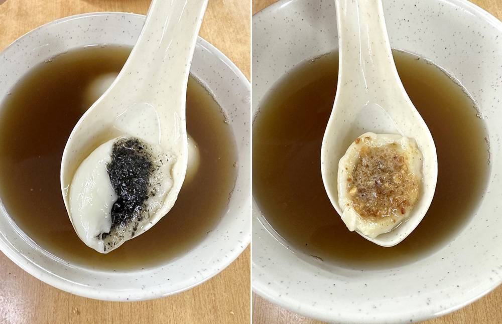 The filled glutinous rice balls have a fragrant black sesame filling (left). Enjoy the peanut-filled 'tang yuan' with a mild tasting ginger syrup (right).