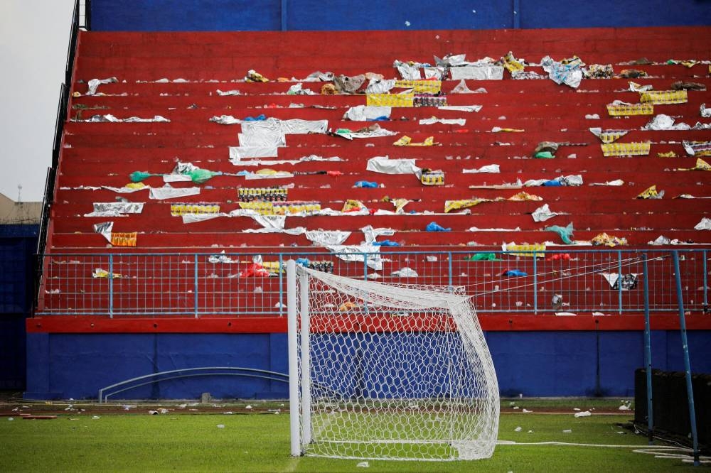 A goalpost is seen after a riot and stampede following a football match between Arema vs Persebaya at Kanjuruhan stadium in Malang, East Java province, Indonesia, October 2, 2022.       — Reuters pic