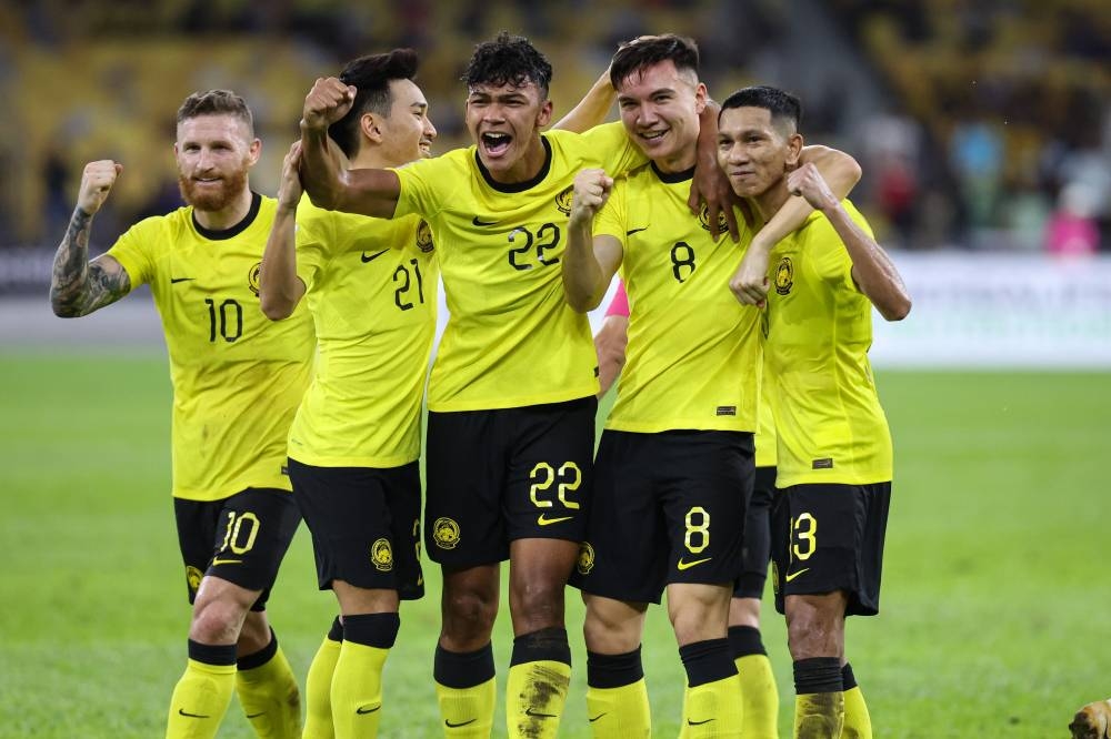 National team players celebrate a goal during the AFF Mitsubishi Electric Cup 2022 Group B match between Malaysia and Laos at Bukit Jalil National Stadium, December 24, 2022. Malaysia won with a full score of 5-0. — Bernama pic 
