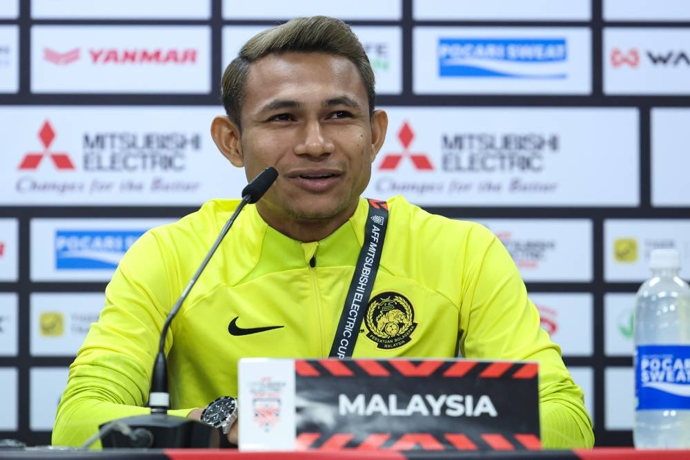 Harimau Malaya's Mohamad Faisal Abdul Halim speaks during a press conference at the Bukit Jalil Stadium in Kuala Lumpur January 2, 2023. — Bernama pic