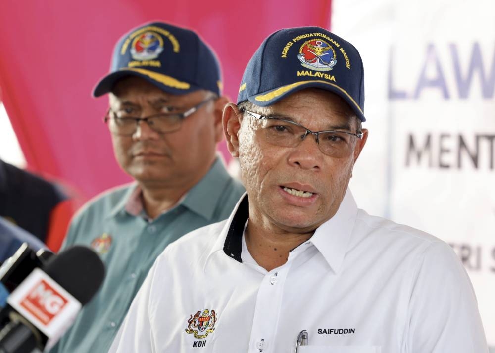 Datuk Seri Saifuddin Nasution speaks to the media after inspecting the construction of the OPV 1 vessel in Port Klang January 6, 2023. — Bernama pic
