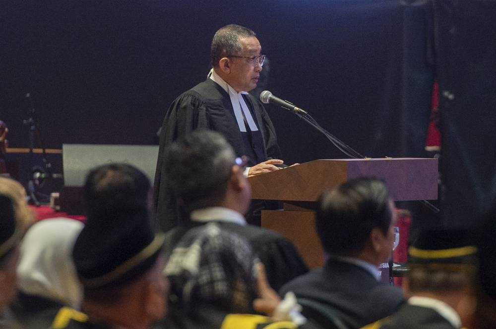 Attorney-General Tan Sri Idrus Harun delivers his speech during the opening ceremony of the Legal Year at Putrajaya International Convention Centre in Putrajaya January 9, 2023. —Picture by Shafwan Zaidon