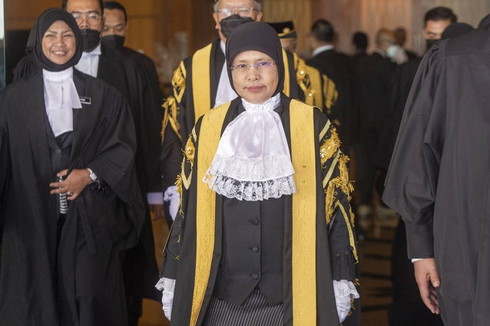 Chief Justice Tun Tengku Maimun Tuan Mat arrives at the Opening ceremony of the Legal Year at Putrajaya International Convention Centre in Putrajaya January 9, 2023. — Picture by Shafwan Zaidon