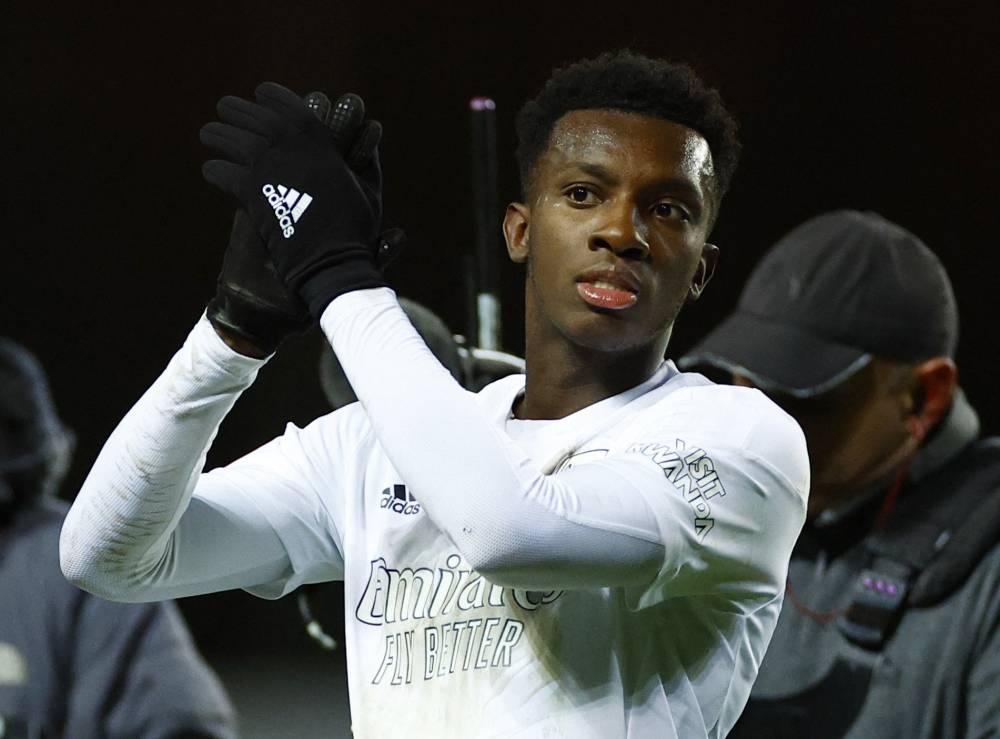 Arsenal's Eddie Nketiah celebrates after the match against Oxford United January 9, 2023. ― Action Images via Reuters/John Sibley