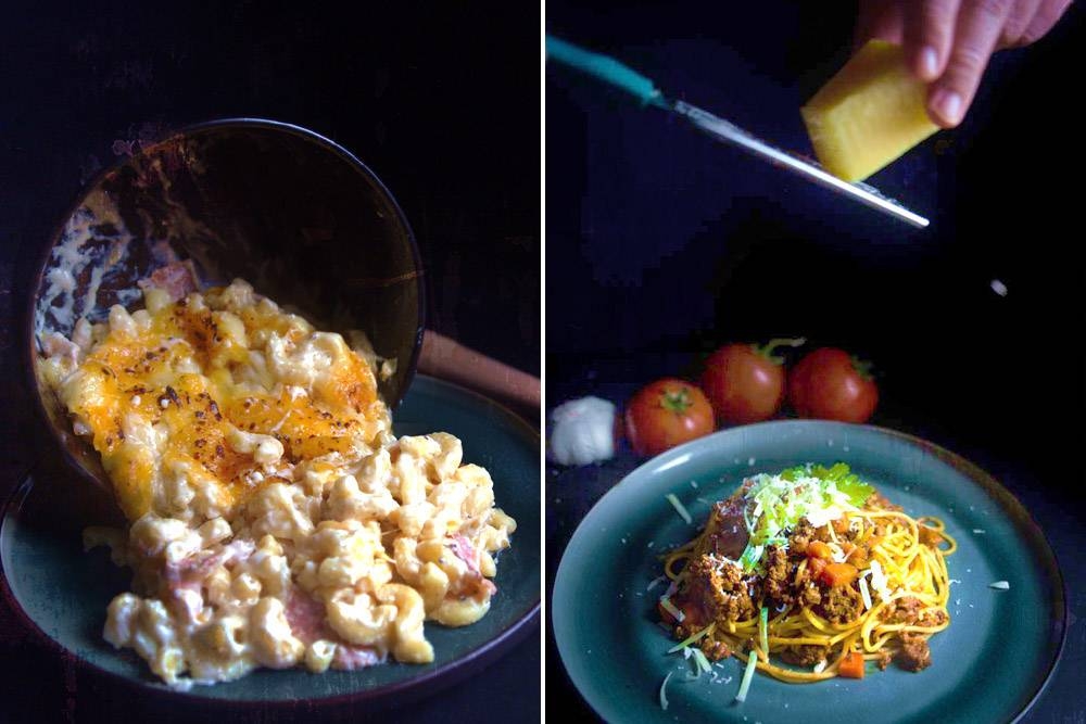 Bacon mac ‘n’ cheese (left). Beef bolognese (right).