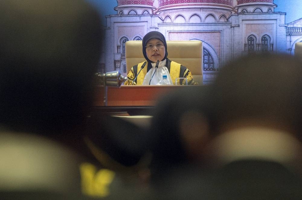 Chief Judge Tun Tengku Maimun Tuan Mat delivers her speech during the Opening of the Legal Year at Putrajaya International Convention Centre in Putrajaya on January 9, 2023. — Picture by Shafwan Zaidon