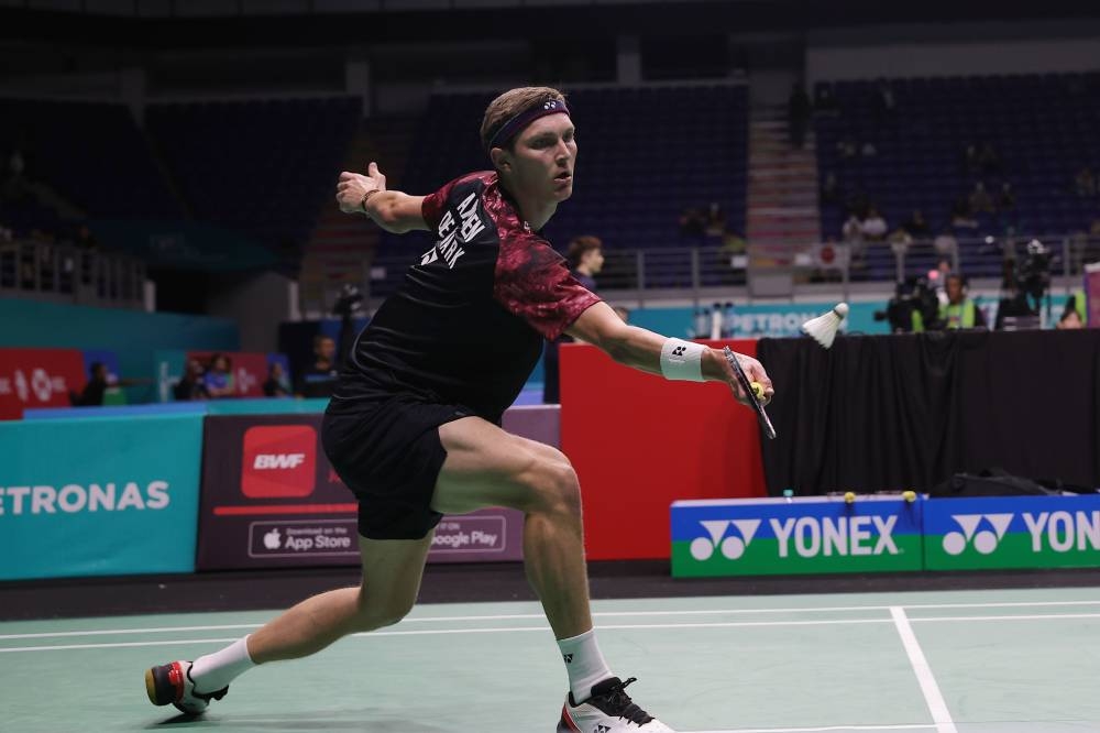 Viktor Axelsen in action against his Danish compatriot Rasmus Gemke at the Axiata Arena in Bukit Jalil January 10, 2023. — Bernama pic