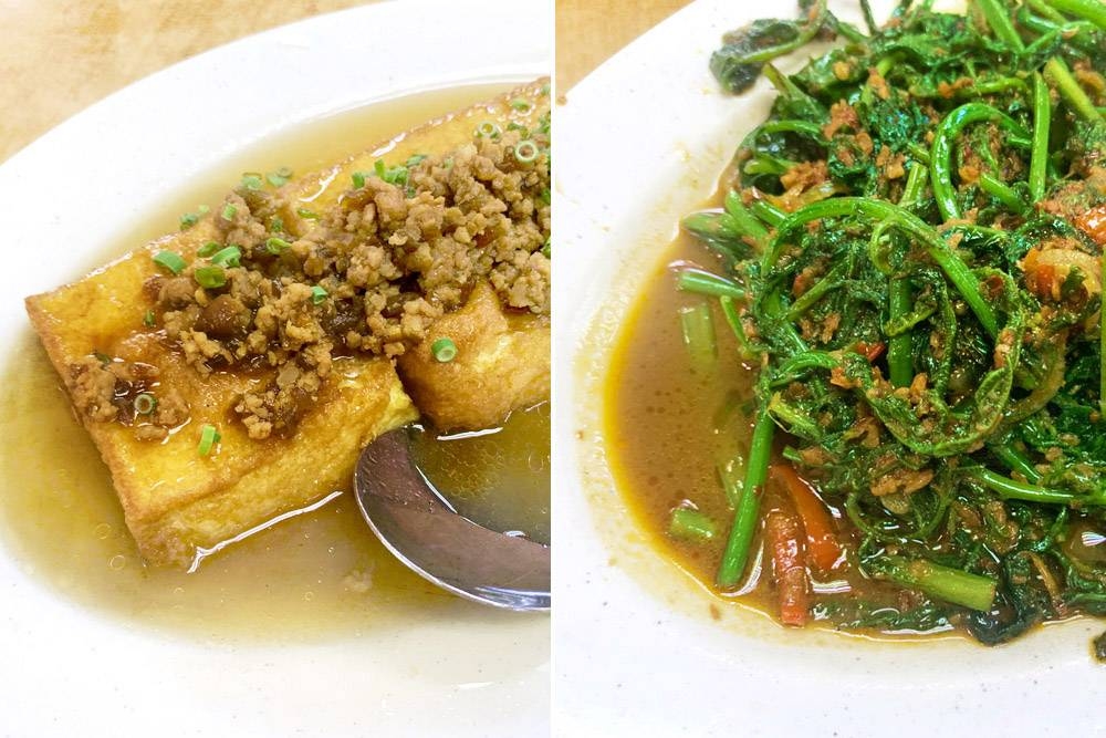 Homemade tofu (left) and 'belacan pucuk paku' (right).