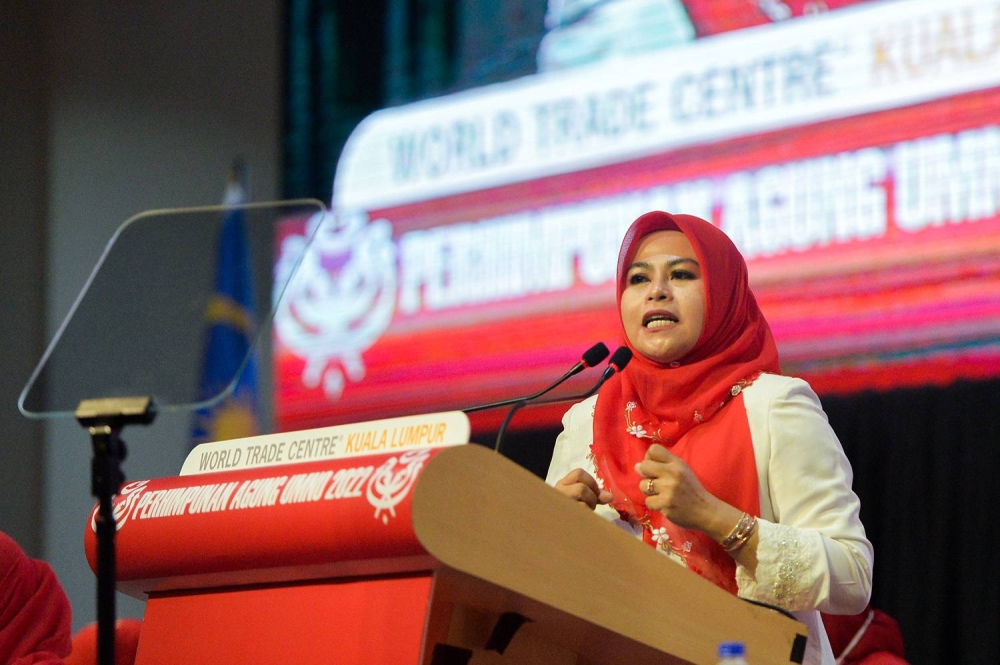 Datuk Noraini Ahmad speaks during the Umno Women’s annual general assembly in Kuala Lumpur January 12, 2023. ― Picture by Miera Zulyana