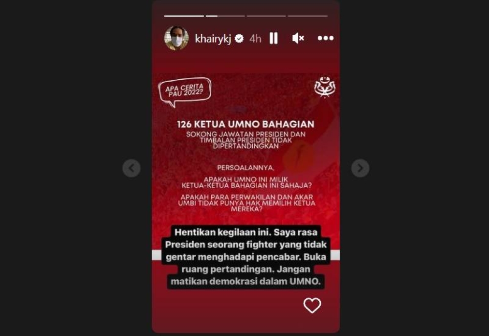 A screencap of Khairy Jamaluddin’s Instagram story.