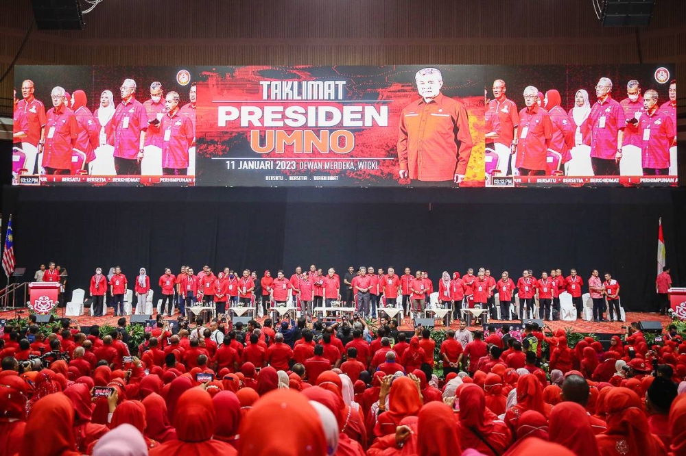Umno leaders attend are pictured at the party's general assembly at World Trade Centre Kuala Lumpur January 11, 2023. — Picture by Yusof Mat Isa