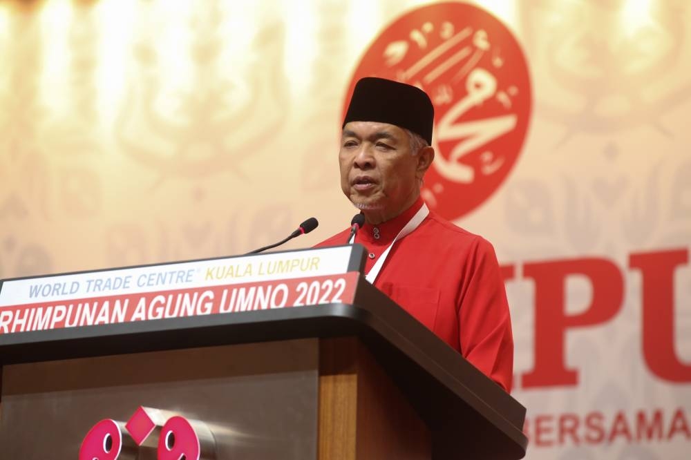 Umno president Datuk Seri Zahid Hamidi speaks during the Malay nationalist party’s general assembly at the World Trade Centre in Kuala Lumpur January 13, 2023. ― Picture by Ahmad Zamzahuri