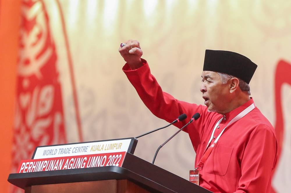 Umno president Datuk Seri Zahid Hamidi speaks during the Malay nationalist party’s general assembly at the World Trade Centre in Kuala Lumpur January 13, 2023. ― Picture by Yusof Mat Isa
