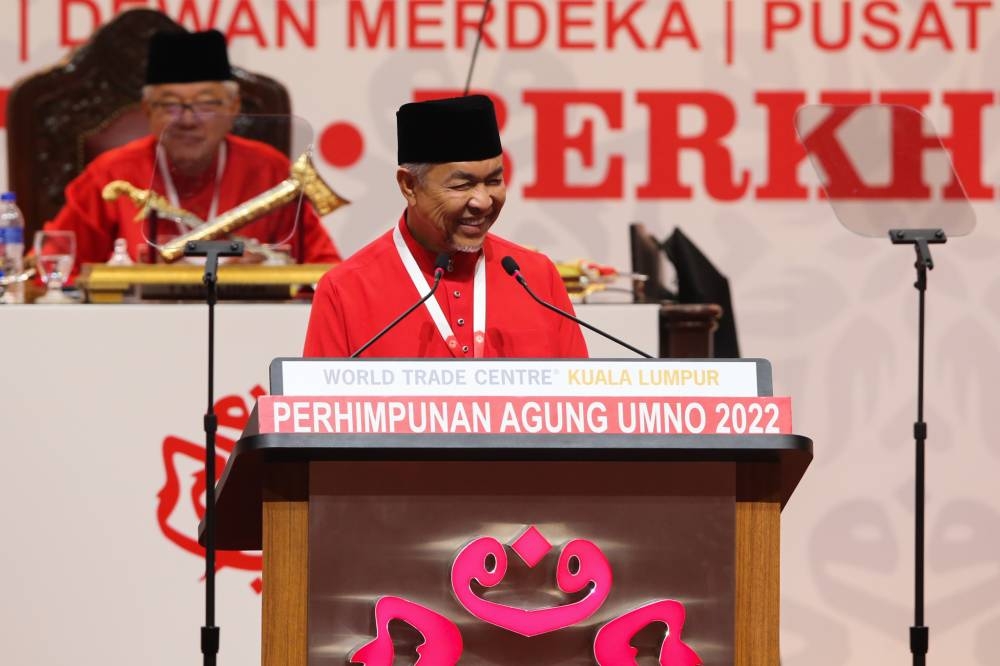 Umno president Datuk Seri Zahid Hamidi speaks during the Malay nationalist party’s general assembly at the World Trade Centre in Kuala Lumpur January 13, 2023. ― Picture by Ahmad Zamzahuri