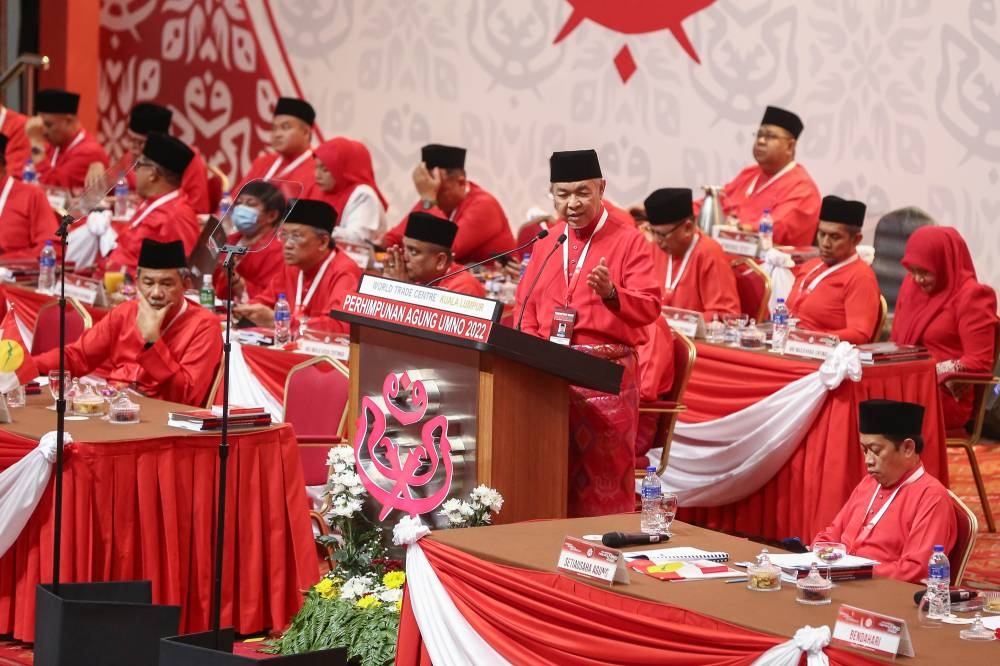 Umno president Datuk Seri Zahid Hamidi speaks during the Malay nationalist party’s general assembly at the World Trade Centre in Kuala Lumpur January 13, 2023. ― Picture by Yusof Mat Isa