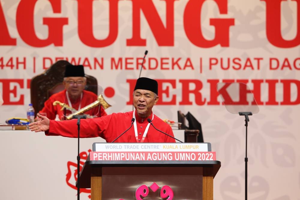 Umno president Datuk Seri Zahid Hamidi speaks during the party's general assembly at World Trade Centre Kuala Lumpur January 13, 2023. ― Picture by Ahmad Zamzahuri