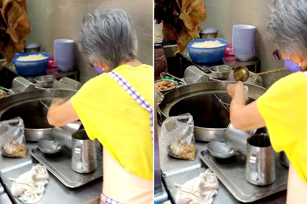 Ladling up the dark, unctuous gravy to pack for a takeaway order.