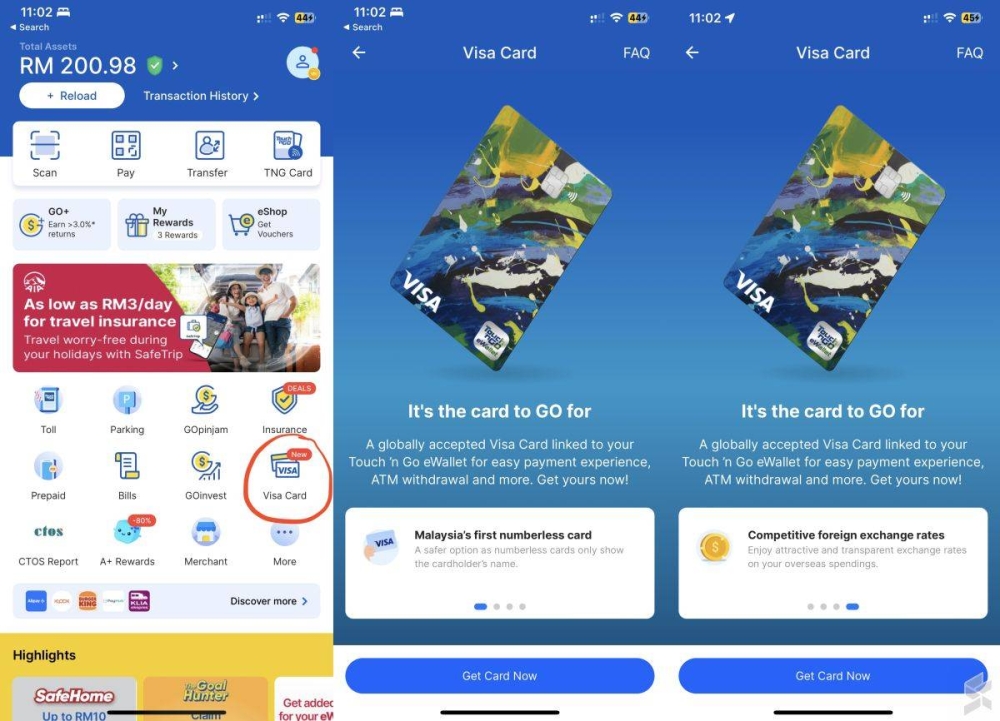 More Touch ‘n Go eWallet users are finally getting the new Visa card option on the app’s home screen, and they can now apply for the card for free. — SoyaCincau pic