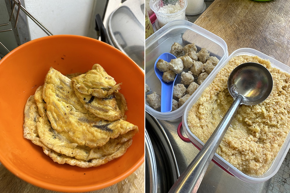 They offer an omelette with wood ear fungus and ginger with their noodles (left). Ginger paste made from a blend of Bentong ginger and normal ginger is also added to the noodles while they also make their own pork meatballs (right).