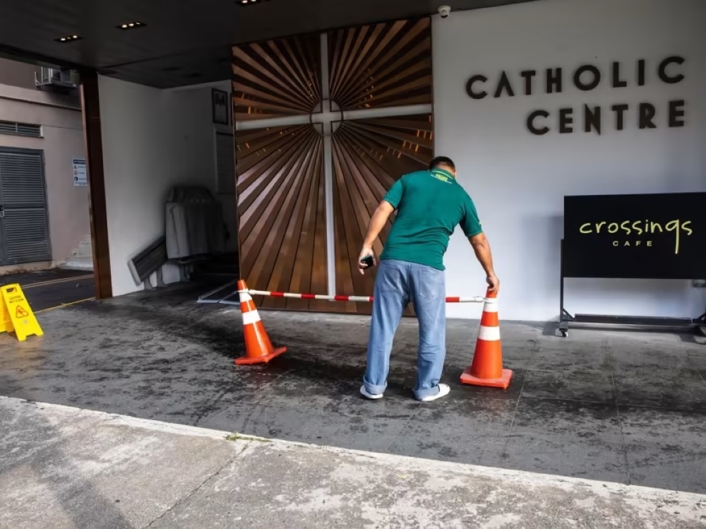 Stains on the floor seen around the entrance of Catholic Centre on Jan 18, 2023. — TODAY pic