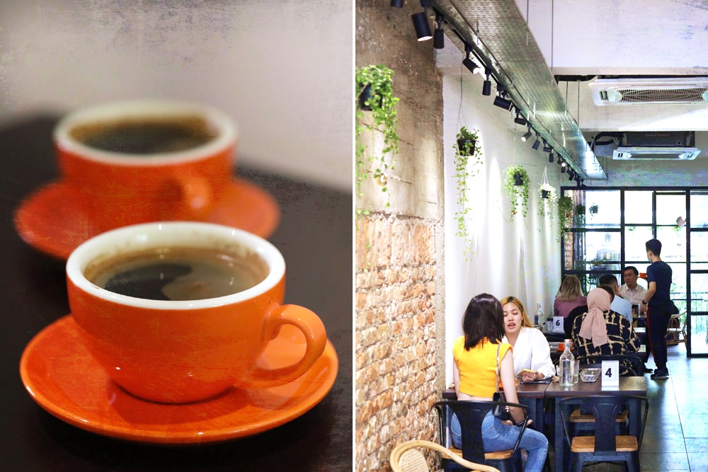 Cups of black coffee (left). The sunlit interior makes for a convivial gathering space (right).