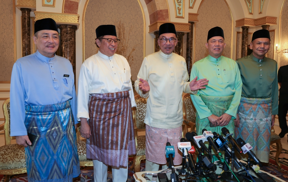 Datuk Seri Anwar Ibrahim speaks during a press conference after chairing the MA63 committee at the state legislative assembly in Kuching January 20, 2023. — Bernama pic