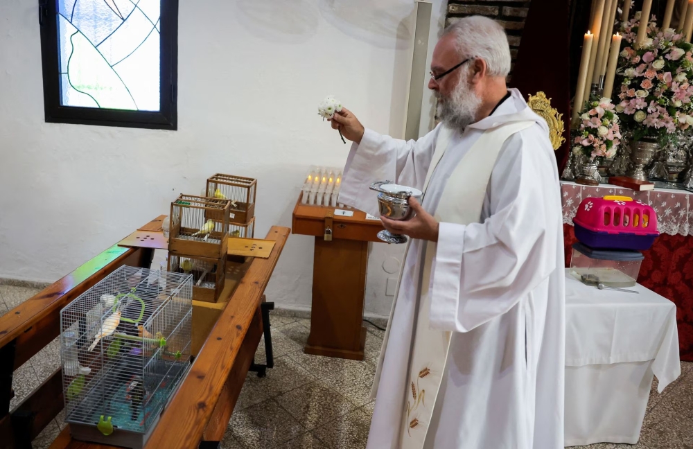 Priest Antonio Dominguez, 67, blesses birds at a church in Malaga. — Reuters pic