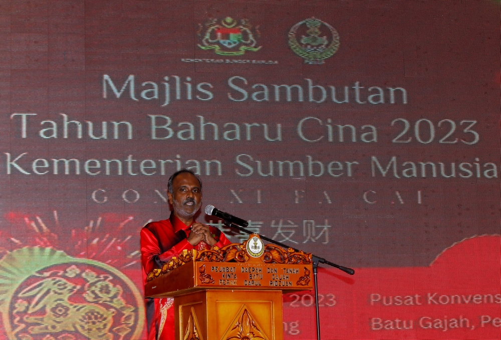 Human Resources Minister V. Sivakumar speaks during the Human Resources Ministry Chinese New Year celebration in Batu Gajah January 20, 2023. ― Bernama pic