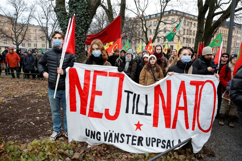 A demonstration against Turkish President Recep Tayyip Erdogan and Sweden’s Nato bid, arranged by the Kurdish Democratic Society Centre at Norra Bantorget in Stockholm January 21, 2023. — Picture by Christine Olsson/TT News Agency/via Reuters