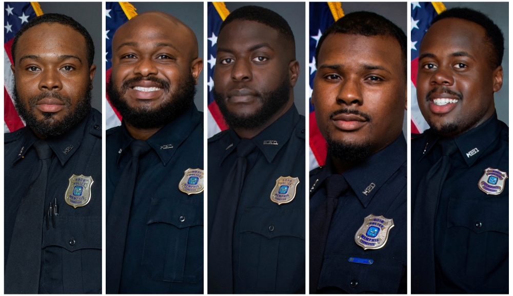 Officers who were terminated after their involvement in a traffic stop that ended with the death of Tyre Nichols, pose in a combination of undated photographs in Memphis, Tennessee. From left are officers Demetrius Haley, Desmond Mills, Jr., Emmitt Martin III, Justin Smith and Tadarrius Bean. — Memphis Police Department/Handout via Reuters