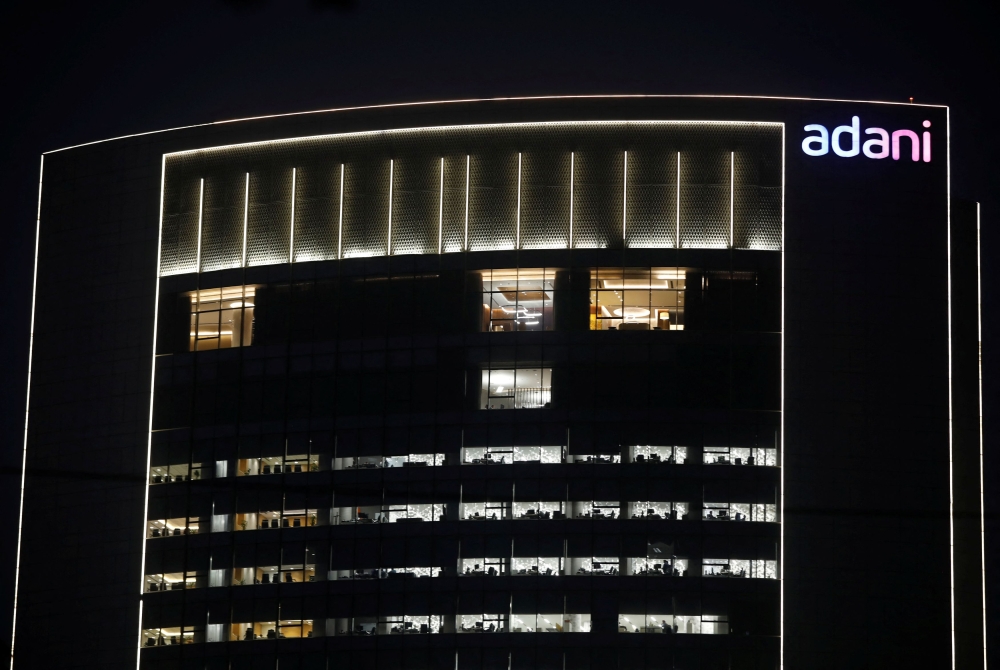 The logo of the Adani Group is seen on the facade of its Corporate House on the outskirts of Ahmedabad, India January 27, 2023. ― Reuters pic