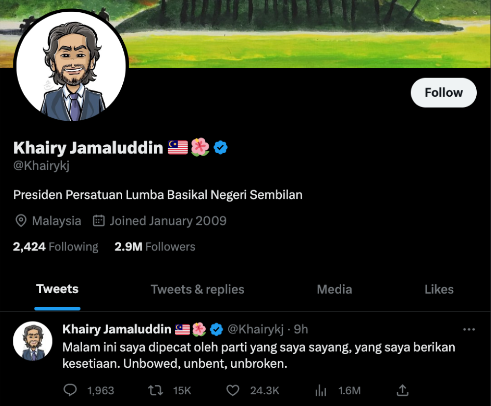 Screen capture of former minister Khairy Jamaluddin’s Twitter page. 