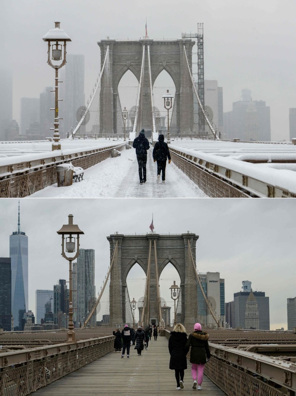 This combination of pictures created on January 27, 2023 shows photos taken on January 7, 2022 (top) and January 25, 2023 (bottom) of people crossing the Brooklyn Bridge in New York City. — AFP pic