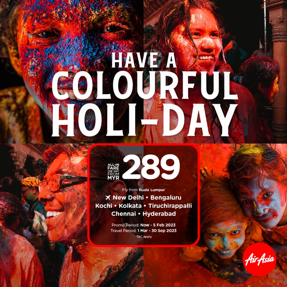 The ancient Holi festival is a cultural and religious event where people throw coloured dye in the air. — Picture courtesy of AirAsia