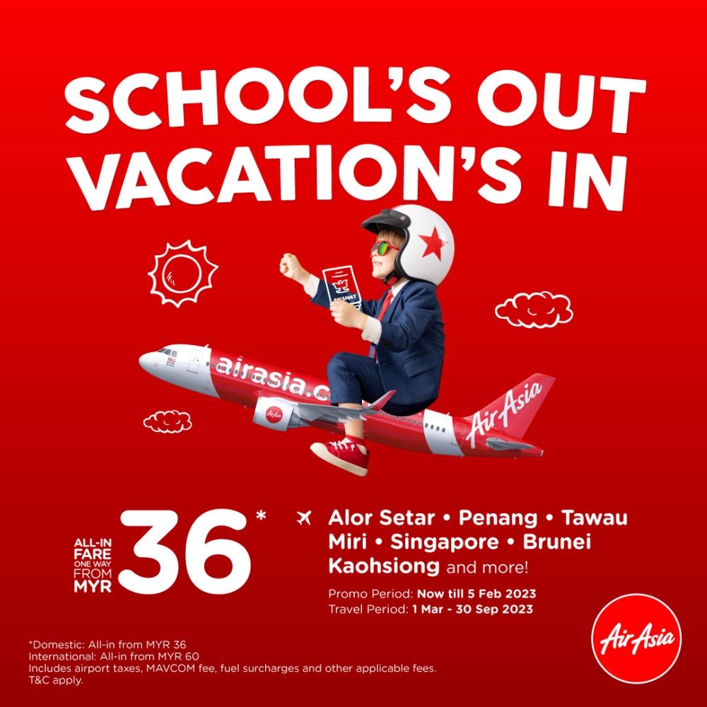 AirAsia’s school holiday sale is available until February 5, 2023 for the travel period from March 1 to September 30, 2023. — Picture courtesy of AirAsia