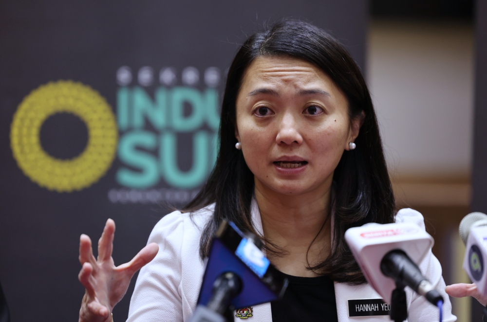 Youth and Sports Minister Hannah Yeoh speaks to the media after a town hall session with the sports industry at Menara KBS in Putrajaya January 31, 2023. — Bernama pic
