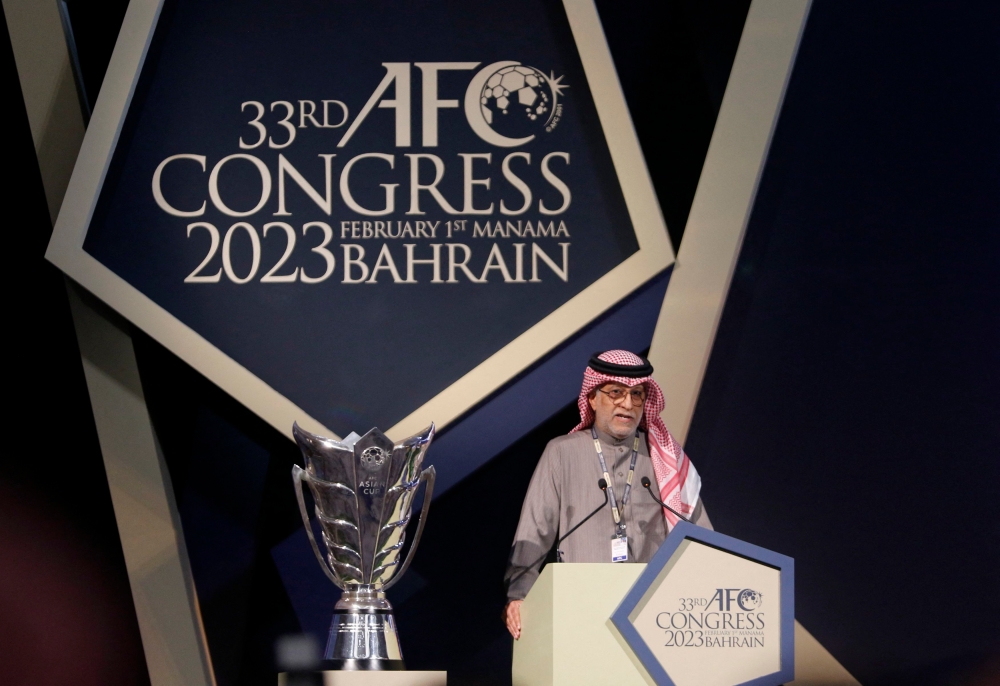 AFC president Salman bin Ibrahim Al Khalifa giving a speech during the 33rd AFC Congress at the Gulf Hotel, Manama, Bahrain February 1, 2023. — Reuters pic