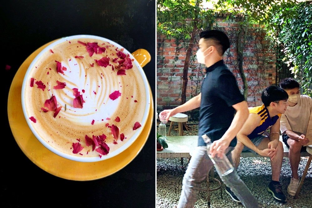 Rose latte (left). Outlet manager Koh Wei Yang getting customers more water (right).