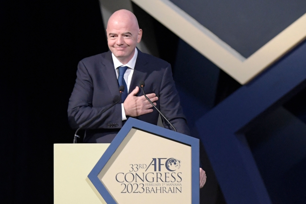 Fifa President Gianni Infantino delivers a speech during the 33rd Asian Football Confederation (AFC) Congress at the Gulf Convention Centre in Manama on February 1, 2023. — AFP pic