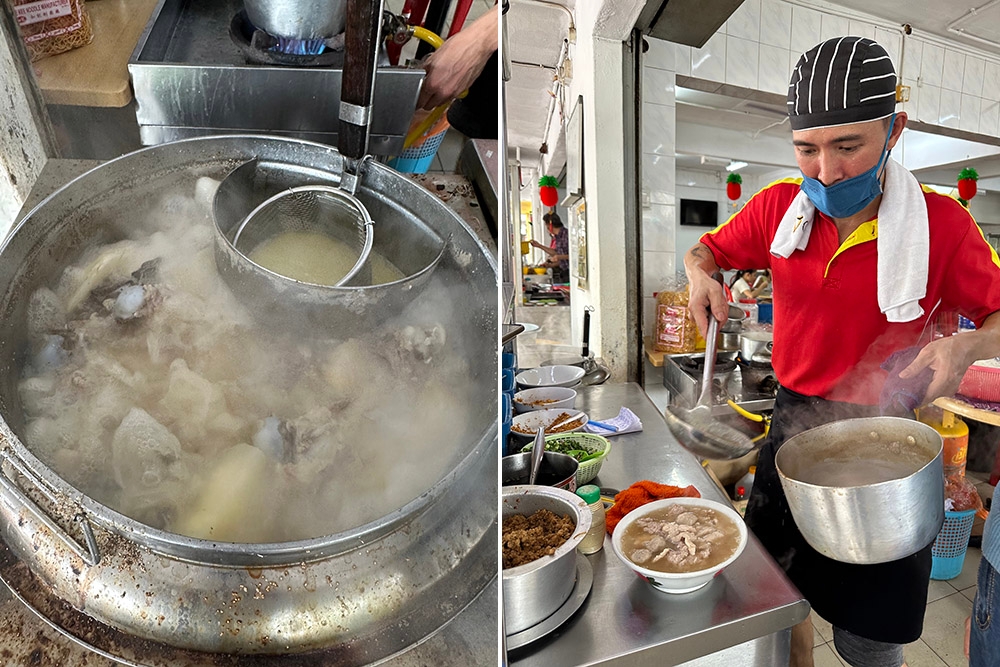 The broth has a milky taste thanks to the use of pork knuckle bones (left). You need to be incredibly patient as each bowl is cooked only upon order (right).