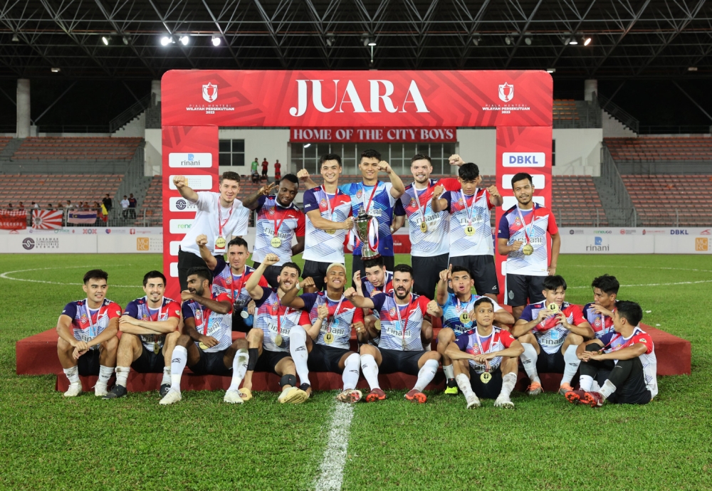 Kuala Lumpur City FC (KLFC) players celebrate their win in the Federal Territory Minister’s Trophy after beating Perak FC, February 4, 2023. — Bernama pic