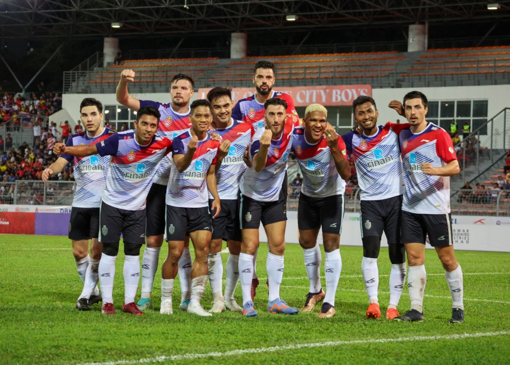 Kuala Lumpur City FC (KLFC) players celebrate their win in the Federal Territory Minister’s Trophy after beating Perak FC, February 4, 2023. — Bernama pic