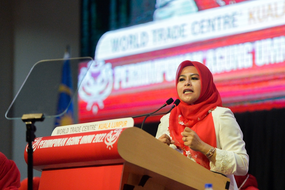 Wanita umno chief Datuk Noraini Ahmad speaks during the wing’s Umno general assembly at PWTC January 12, 2023. — Picture by Miera Zulyana 