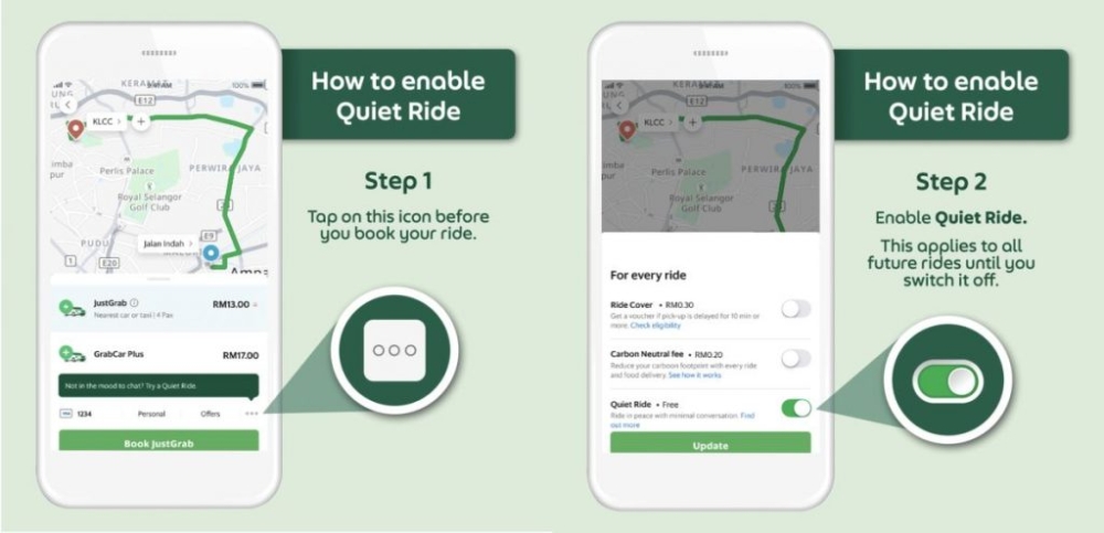 To get a quiet ride, just tap on the menu button (triple dots) near the bottom of the screen for Grab Car. — SoyaCincau pic