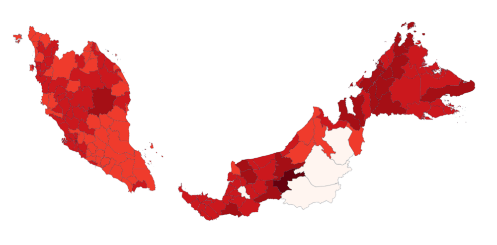 Department of Stats Malaysia map showing average prices of roti canai in Malaysian districts. Darker colour means more expensive.