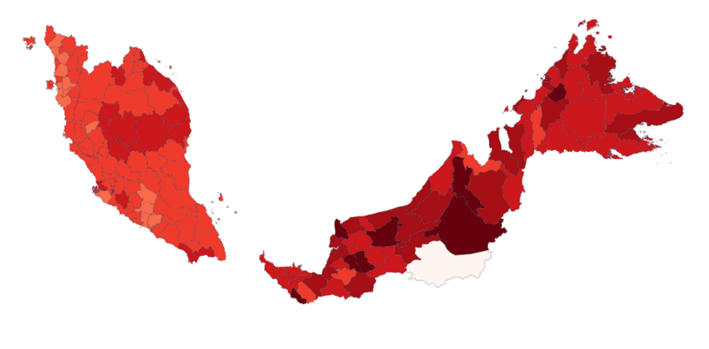 Department of Stats Malaysia map showing average prices of teh tarik in Malaysian districts. Darker colour means more expensive.